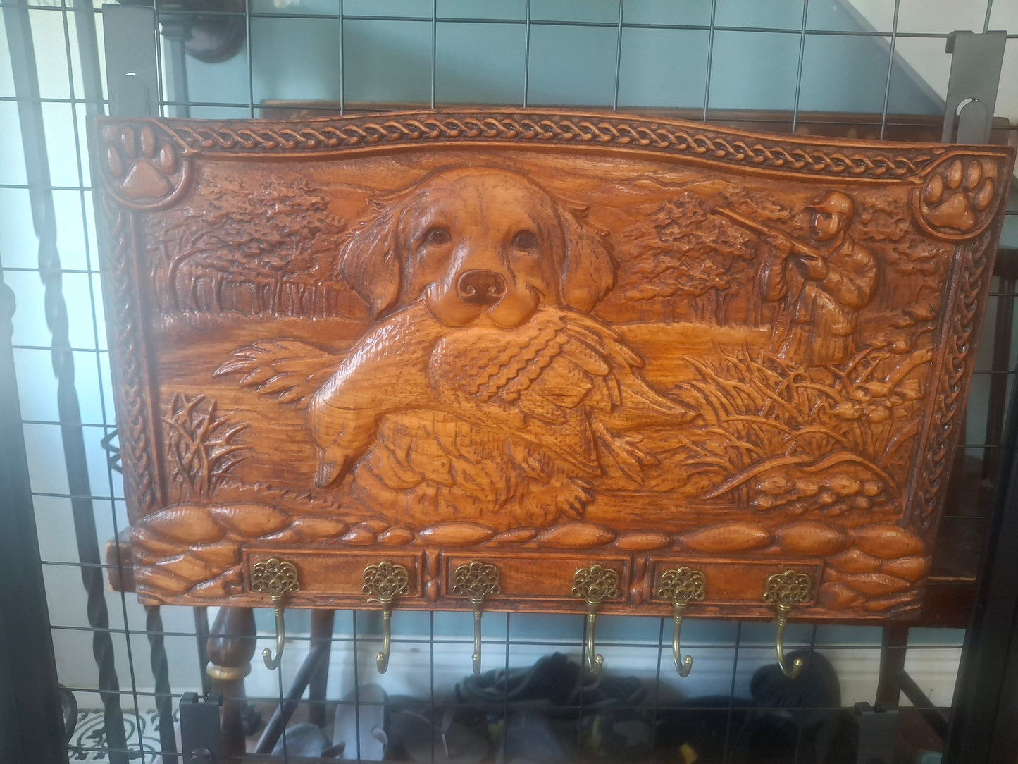 Hunter's Best Friend Coat Rack - handcrafted wood relief carving with golden retriever hunting scene and brass hooks
