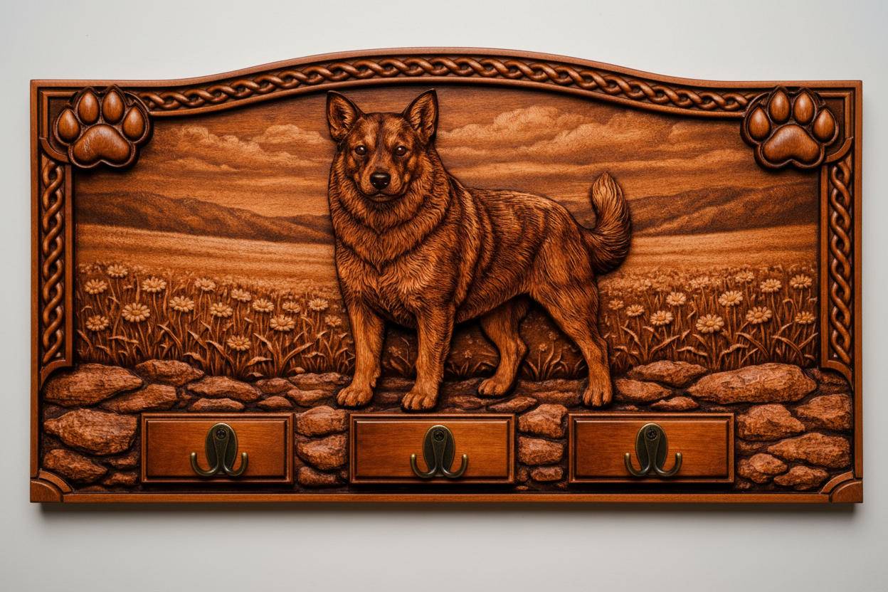 Blue Heeler Coat Rack - handcrafted wood relief panel with Celtic knotwork border and paw print accents