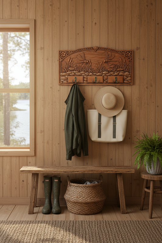 Dragonfly Marsh Coat Rack displayed in a lake house entryway lifestyle setting