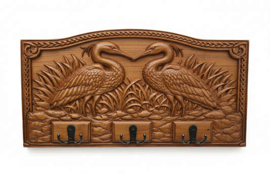 Hand-carved wooden coat rack with two herons and 5 metal hooks