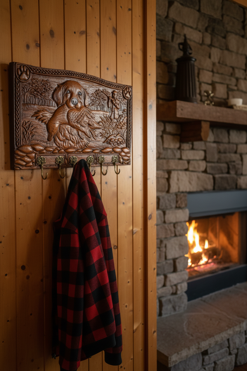 Hunter's Best Friend Coat Rack - fieldstone fireplace lifestyle photo