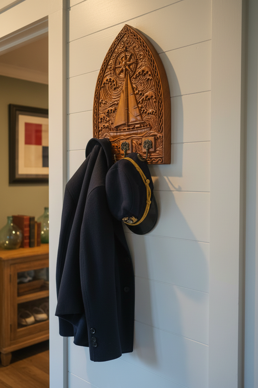 Gothic arch sailboat coat rack in coastal cottage entryway with coat and hat on hooks