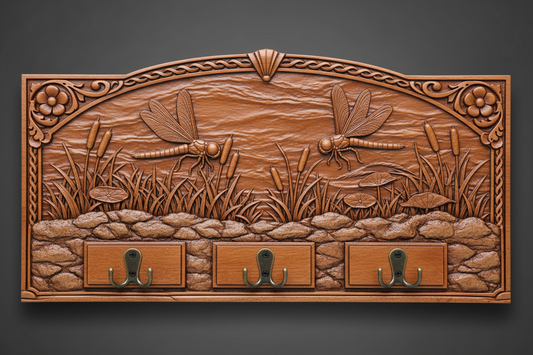 Dragonfly Marsh Coat Rack in oiled cherry wood with gloss lacquer finish and double-headed coat hooks