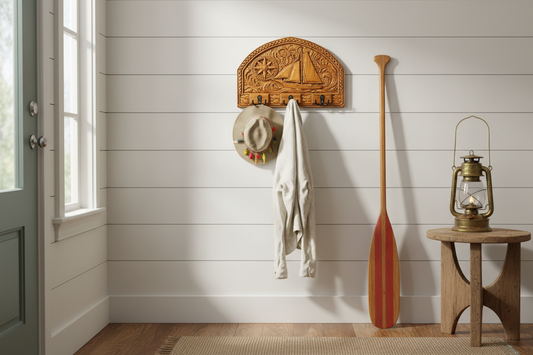 Hand-carved sailboat coat rack mounted in a cozy upscale lakehouse entryway