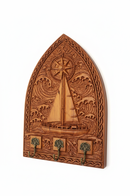 Hand-carved Gothic arch sailboat coat rack on white background