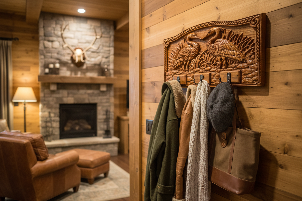 Hand-carved heron coat rack mounted in an upscale lodge setting
