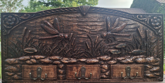 Dragonfly Pond Key Rack – handcrafted dark walnut wood with relief carving and antique brass hooks